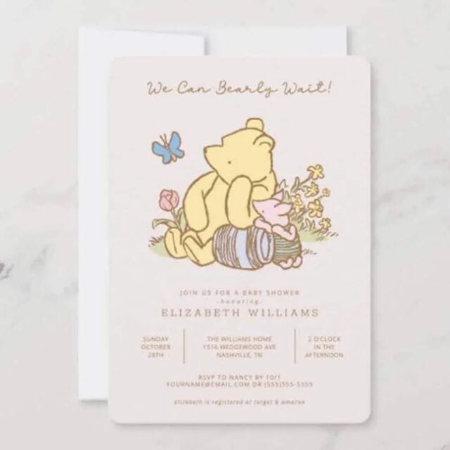 The most adorable baby shower just got even cuter with our Classic Pooh | We Can Bearly Wait Baby Shower Invitation. When it's this charming, can you even bear the wait? Celebrate new beginnings with a sprinkle of nostalgia and a whole lot of love.