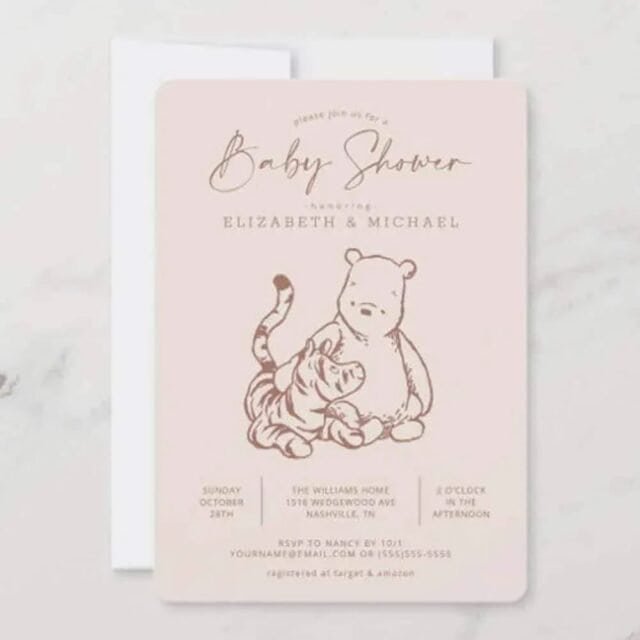 Discover the nostalgic charm of our Classic Pooh & Tigger Baby Shower Invitations. Designed meticulously to reminisce about childhood memories, these invitations will not only announce your upcoming special day, but also create a warm anticipation among your guests for an occasion filled with whimsy and wonder.