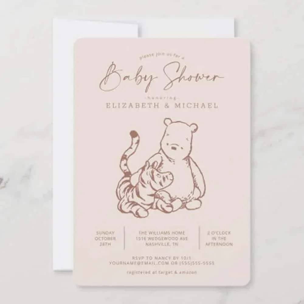 Discover the nostalgic charm of our Classic Pooh & Tigger Baby Shower Invitations. Designed meticulously to reminisce about childhood memories, these invitations will not only announce your upcoming special day, but also create a warm anticipation among your guests for an occasion filled with whimsy and wonder.